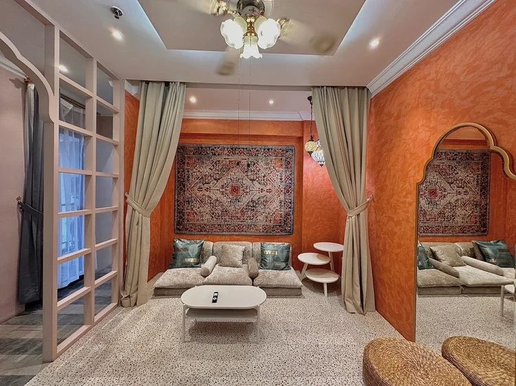 Cappadocia: Living room with the sofa and ceiling fan, where everyone gathers; sleeps 6, up to 9 with extra beds.