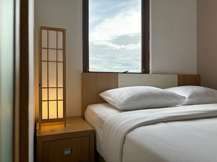 Hokkaido: A shoji lamp beside the bed, soft light for the evening.
