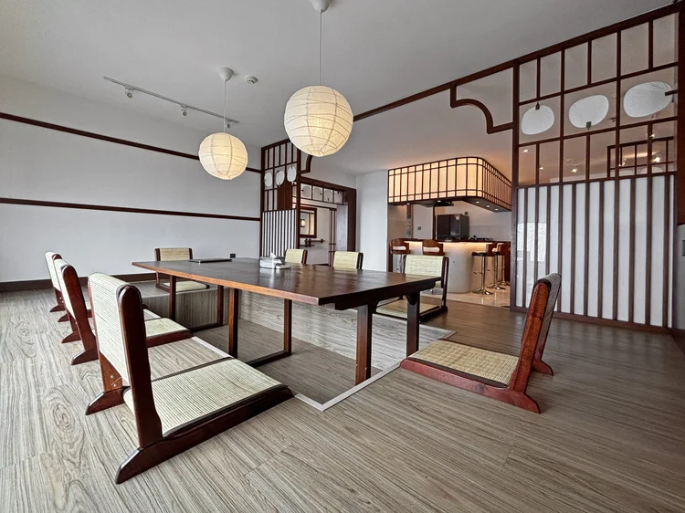 Okinawa: Long benches line both sides of the floor table, a Japanese-style way to dine.