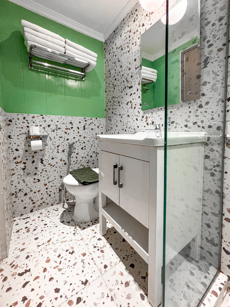 Tanzania: Modern bathroom with toilet and a glass-walled shower, cleaned by our own trained team to CHSE standard before every check-in.