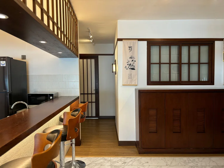Okinawa: A refrigerator and plenty of storage in the kitchen, enough for a week of groceries.