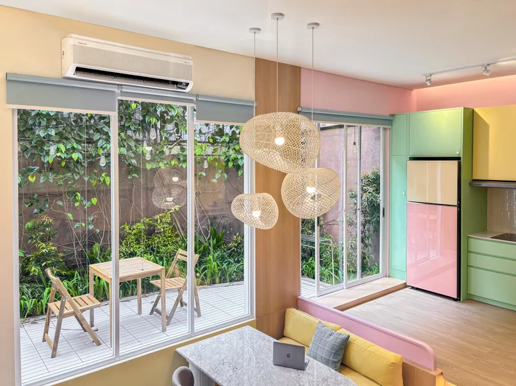 Gangnam: A WindFree air conditioner in the main room, with direct access to the small patio outside.
