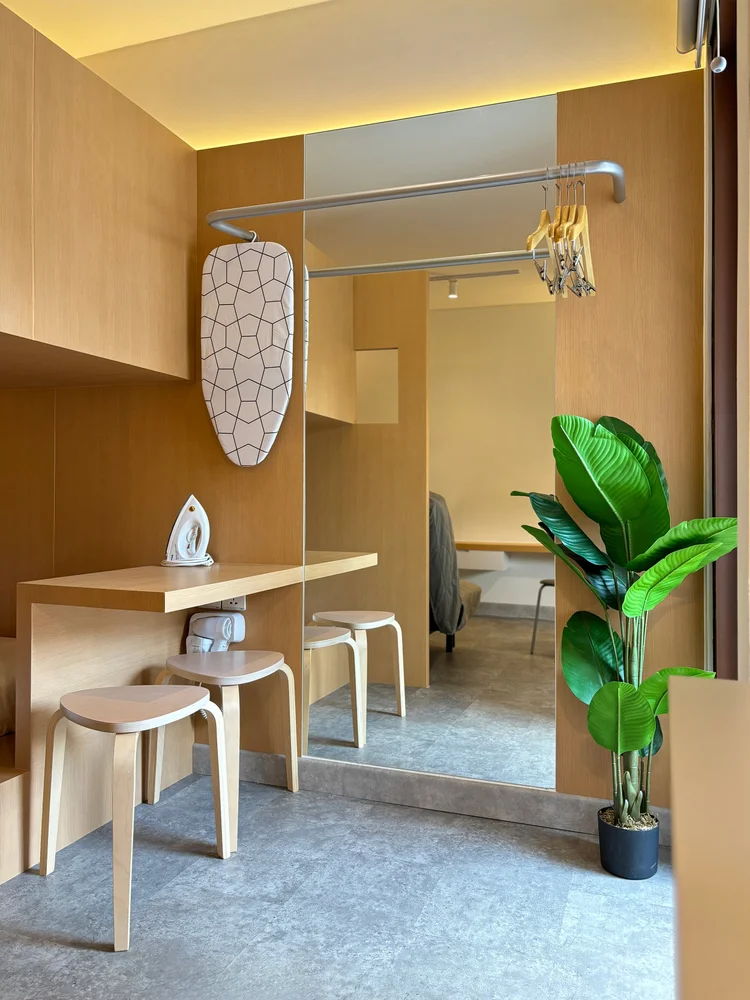 Helsinki: The hallway to the bed nook, with a plant and small mirror.