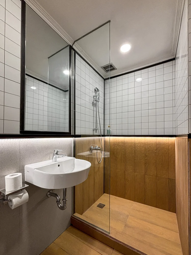 Yokohama: Glass-walled shower, cleaned by our own trained team to CHSE standard before every check-in.