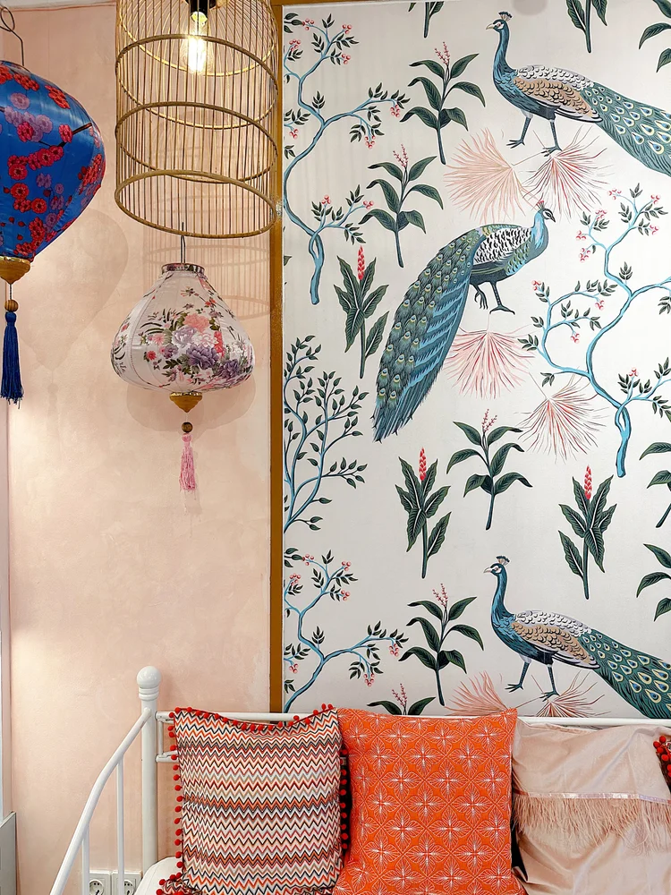 Malacca: Lanterns and peacock wallpaper, Peranakan touches in every corner of the room.