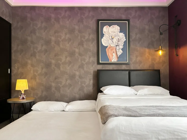 Copenhagen: Sliding small double bed with AC, beneath the floral artwork.