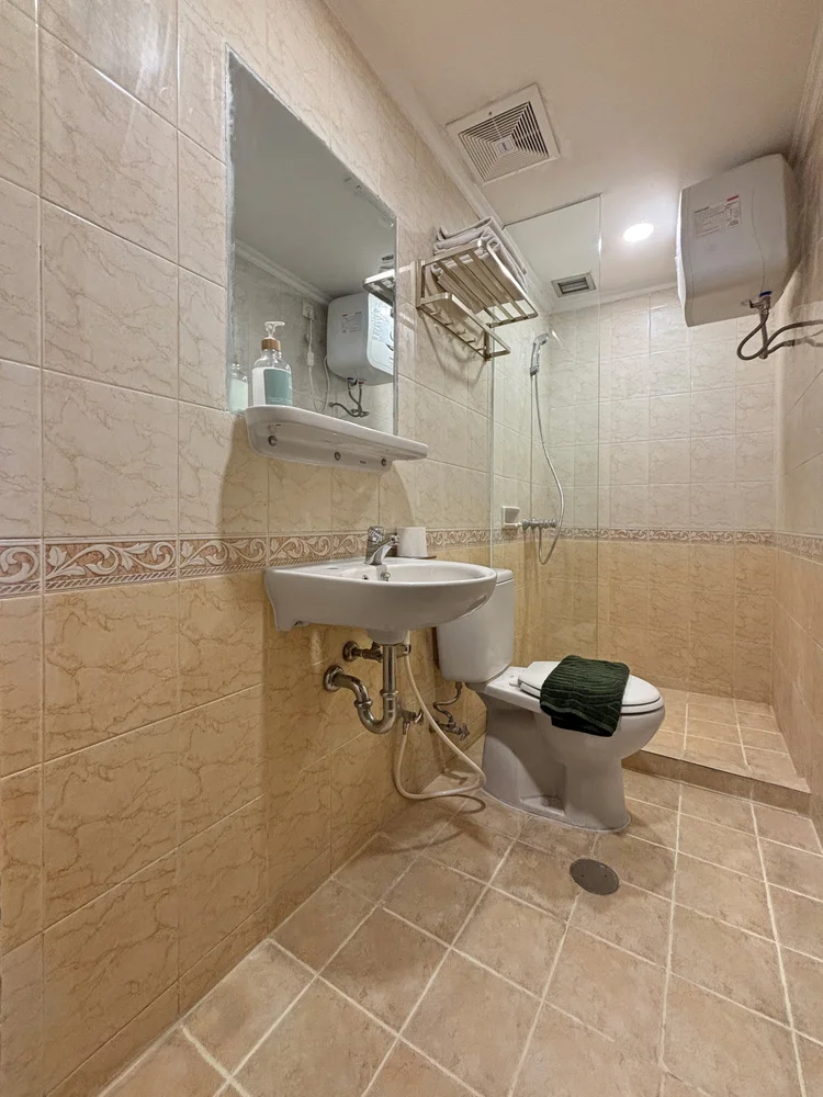 Saitama: Bathroom with basin, toilet and a hot-water shower.