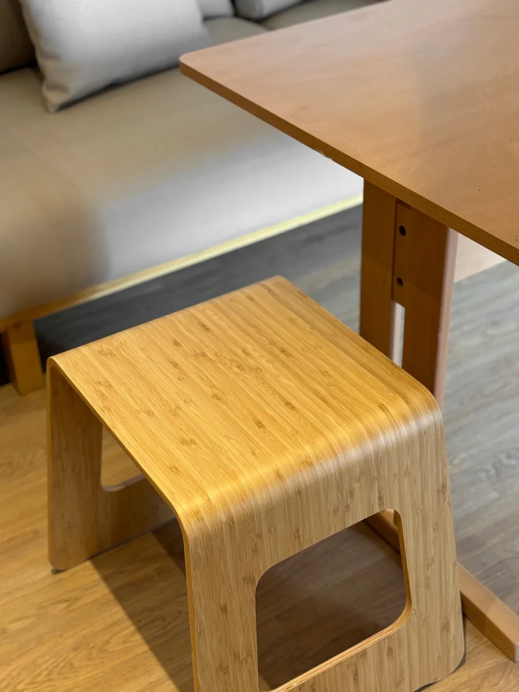 Hokkaido: A wooden stool at the dining table, easy to move wherever it is needed.