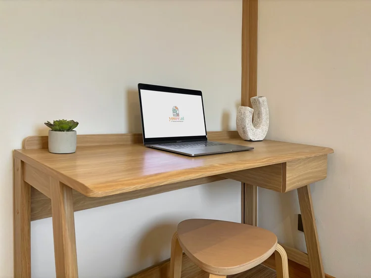 Nara: A wooden desk with a stool, enough for a laptop and a bit of work.