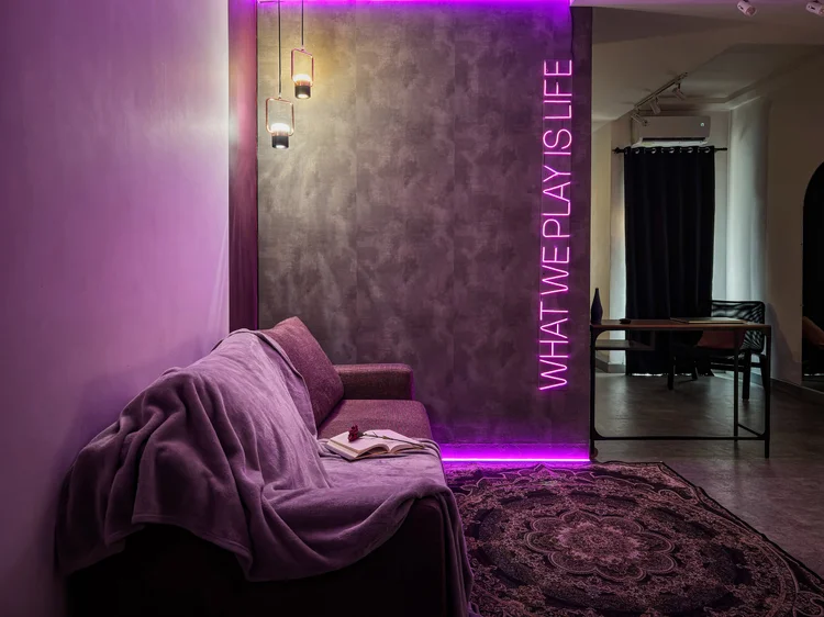 Copenhagen: Copenhagen Neon Art Modern: purple neon lighting and a sofa bed, in a studio that sleeps 5, up to 7 with extra beds.