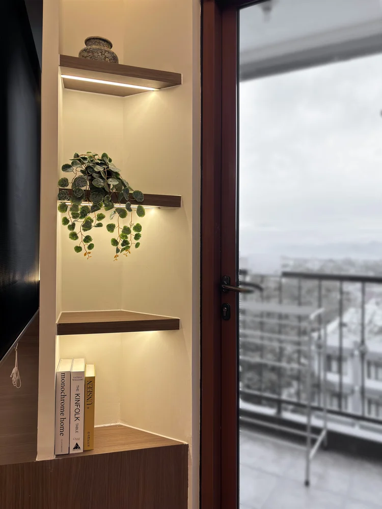 Aoyama: Wooden shelves with plants beside the door to the small balcony.