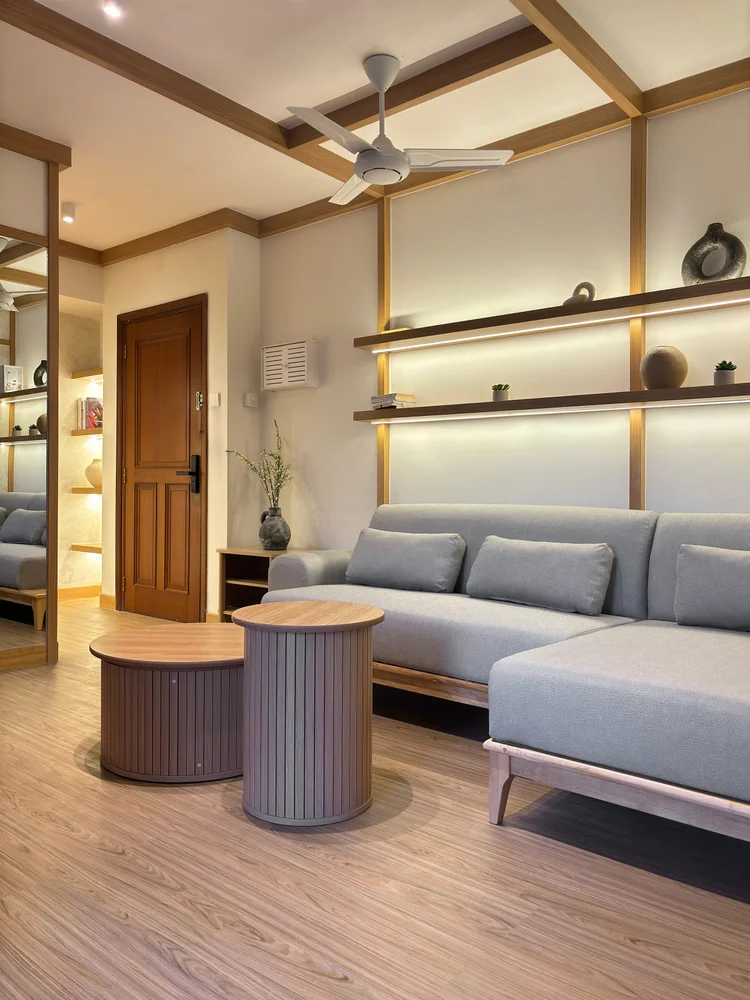 Nara: The three-seater L-sofa under the ceiling fan.