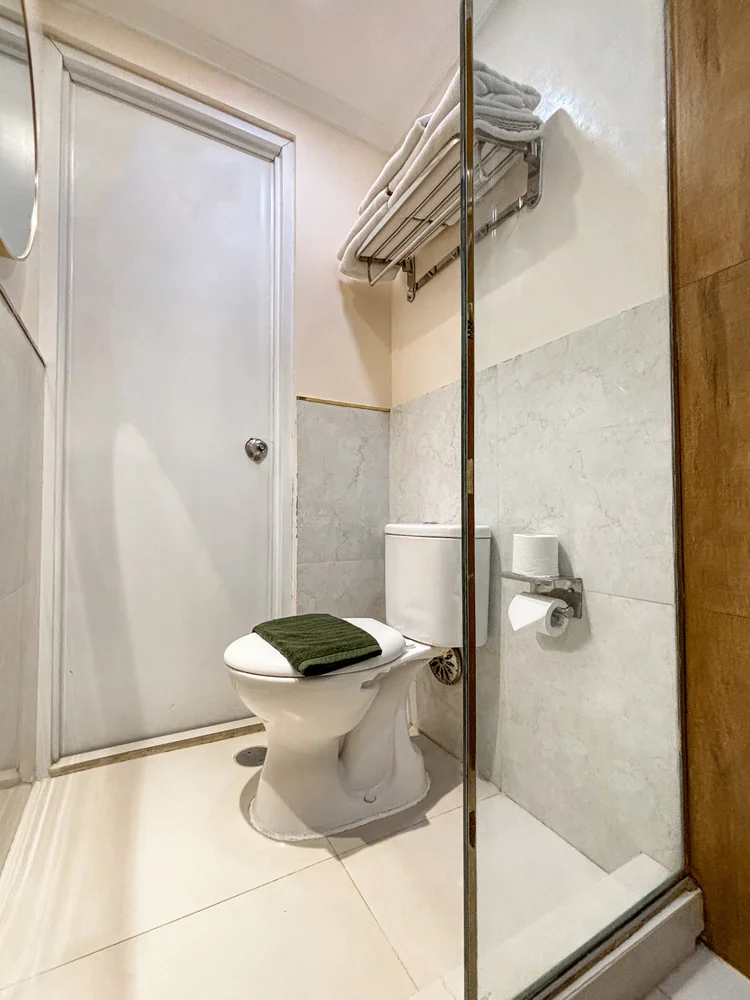 Provence: Toilet with a glass screen to the shower; the same soap and shampoo in every unit.