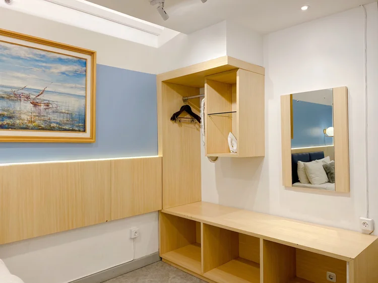 Austin: Open wardrobe with hangers and an iron, so things can be put away properly.