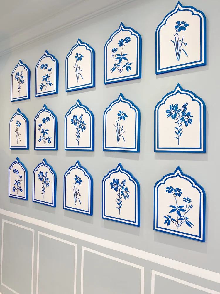 Cappadocia: Blue and white Iznik-style flower panels on the dining room wall.