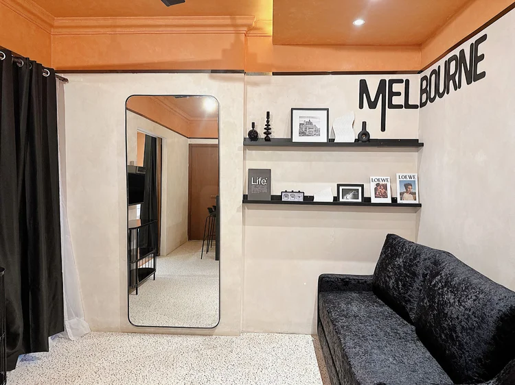 Melbourne: A full-length mirror and wall shelf, Melbourne in a moody palette.