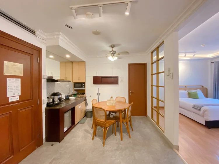 Budapest: Kitchen, dining and bed area in one studio. Sleeps 5, up to 8 with extra beds.