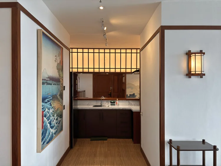 Okinawa: A Japanese wave print greets you in the entry hallway, a detail of the Okinawa theme.