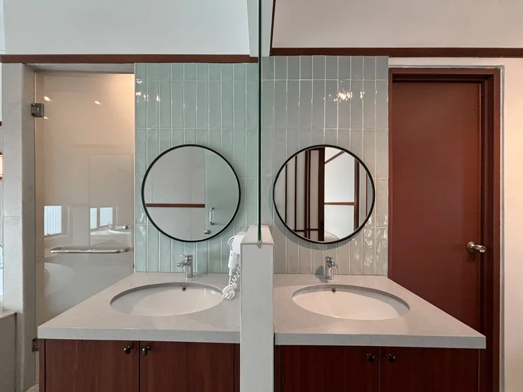 Okinawa: A double vanity in this bathroom, handy for a group getting ready together.