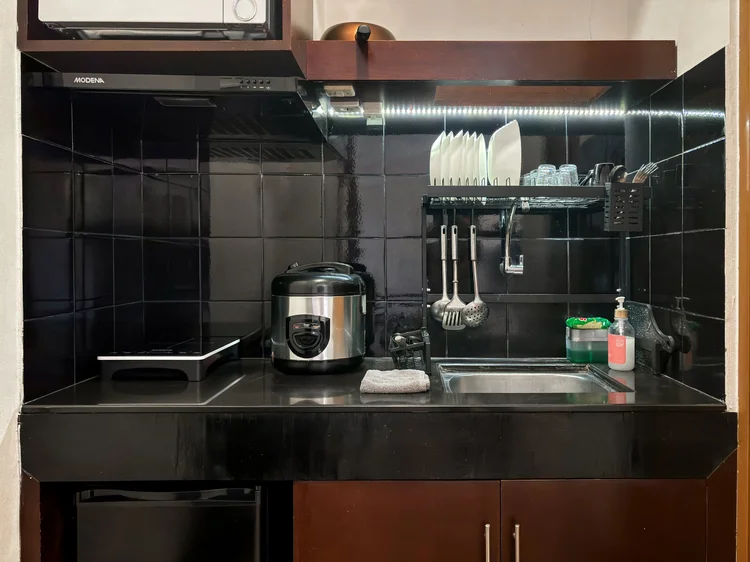Brooklyn: Open kitchen with induction stove and rice cooker; basic cooking tools are there.