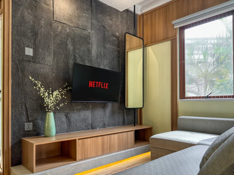 Sapporo: The TV with Netflix faces the sofa and bed area, a tall mirror at its side.