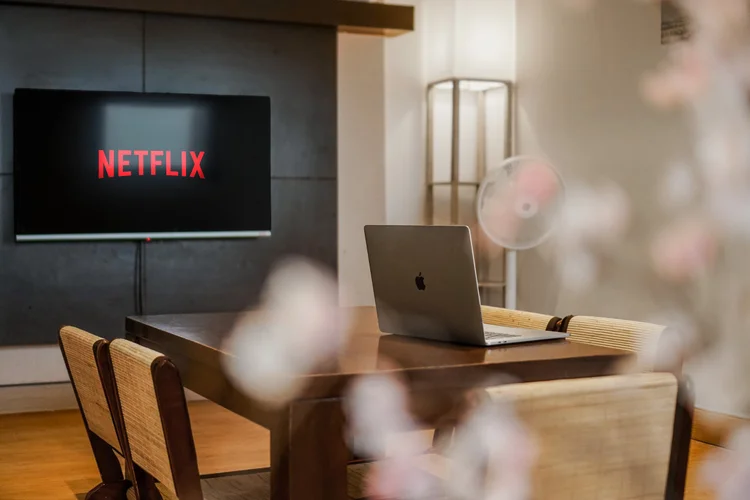 Yokohama: Smart TV with Netflix facing the dining table, a cherry blossom branch as the table's decor.